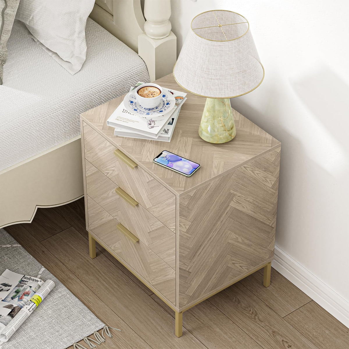 Skokliz Bedside Table with 3 Drawers, Nigntstand for Bedroom, Wood End Table for Living Room, Small spaces, oak
