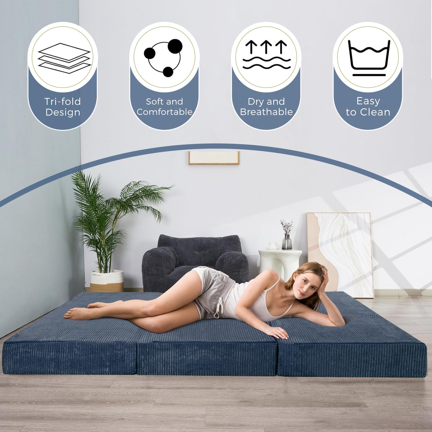 MAXYOYO Folding Corduroy Mattress, Tri Fold Floor Mattress 10cm thick with Washable Cover,Foldable in Three,Space-Saving for Guest (Bluestone, Single)