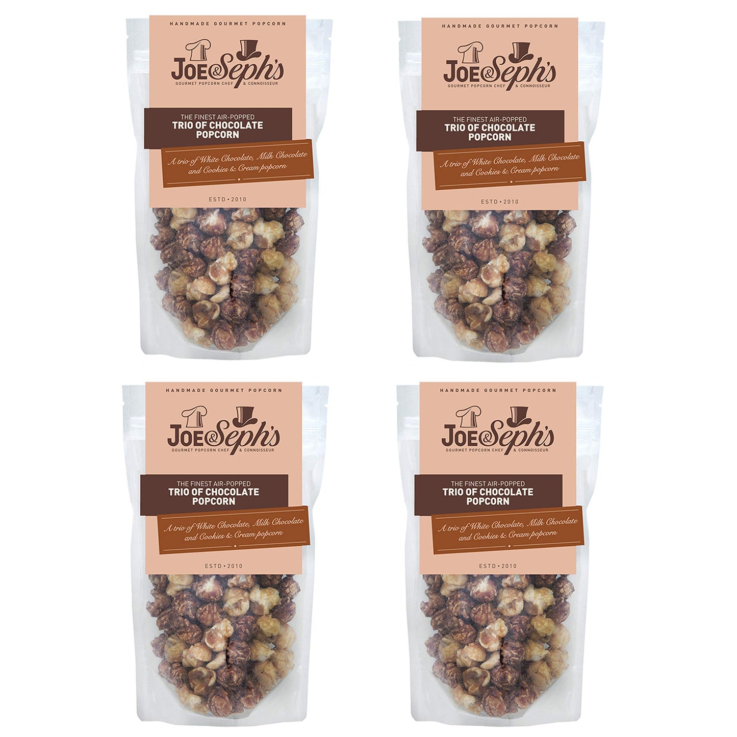 Joe & Seph's Trio of Chocolate Popcorn (4x80g), gourmet popcorn, air-popped popcorn, chocolate snack, sweet popcorn, movie night snacks, popcorn for a