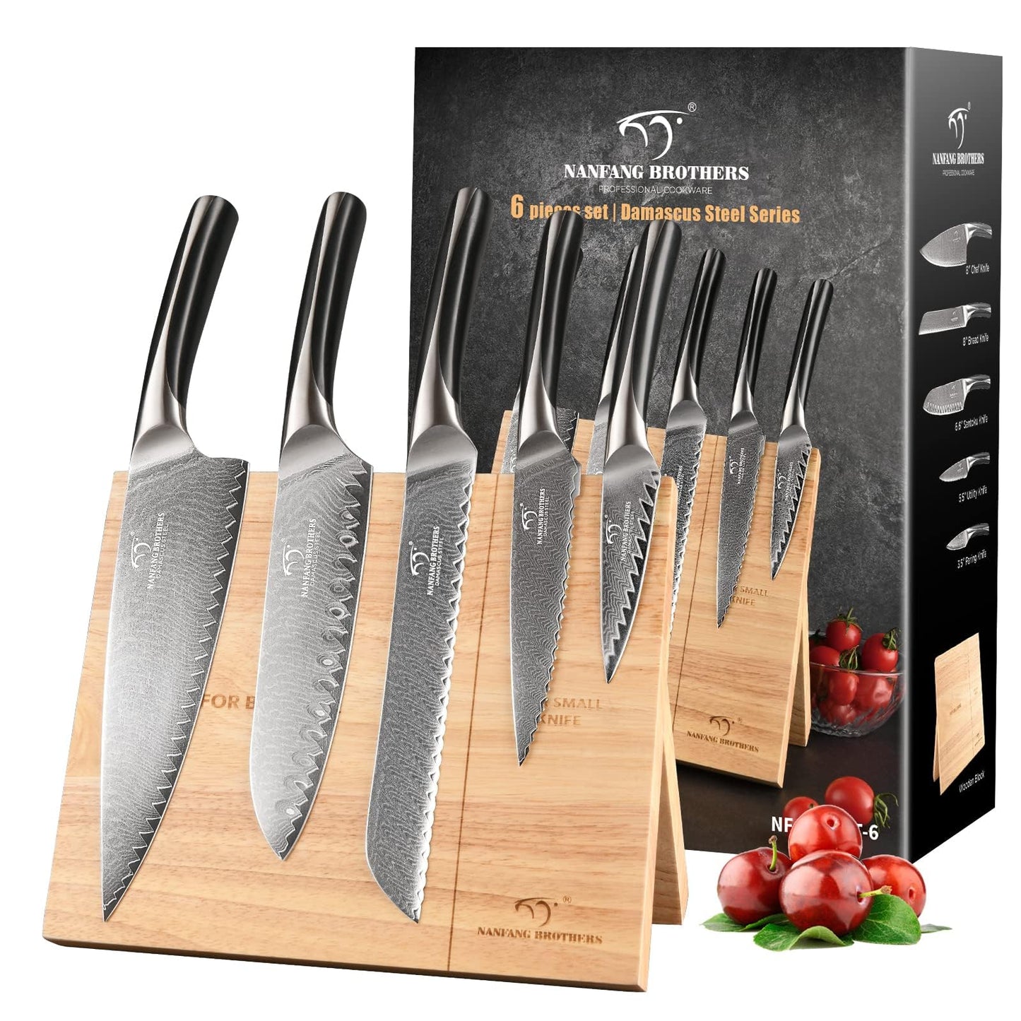 NANFANG BROTHERS Knife Set, 6-Piece Damascus Steel Kitchen Knife Set with Magnetic Wooden Frame, Ergonomic ABS Handles