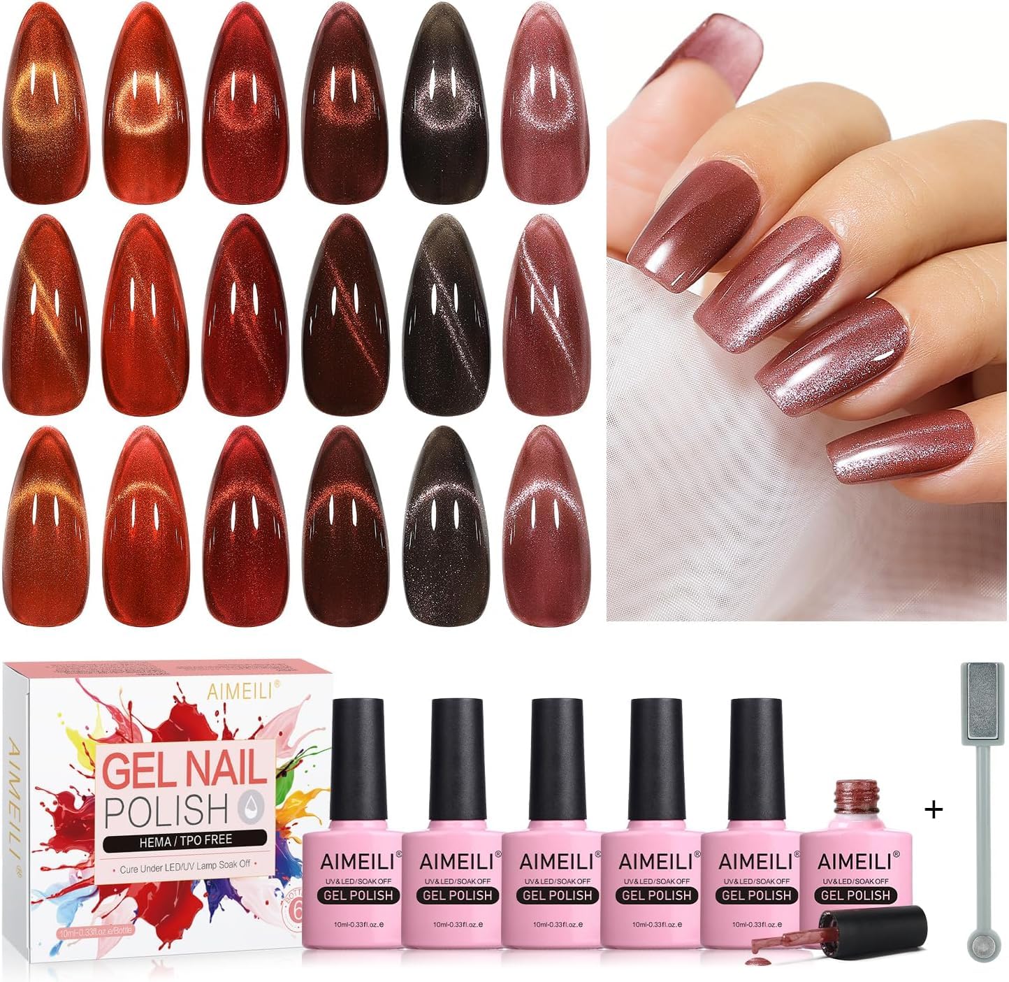 AIMEILI Magnetic Gel Nail Polish Set with Magnetic Stick, 6pcs Cat Eye Gel Nail Varnish UV LED Nail Art Manicure Pedicure, Easy to Apply 10ml - Gift
