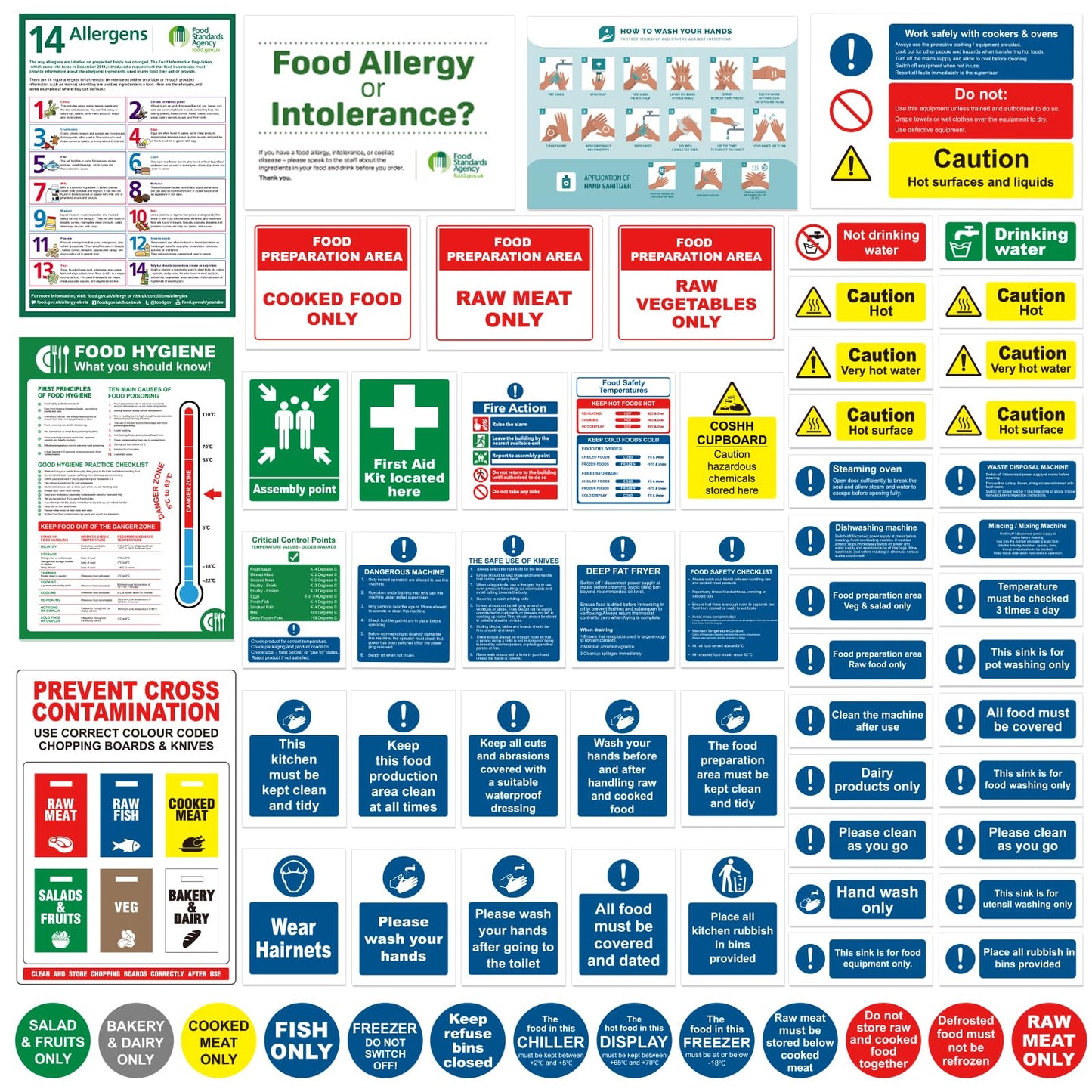 Complete Kitchen Safety Signs Set - 68 Pcs - Matte Self-Adhesive Vinyl, Waterproof and Oil-Proof - Food Hygiene Stickers, Ensure Safety and Compliance