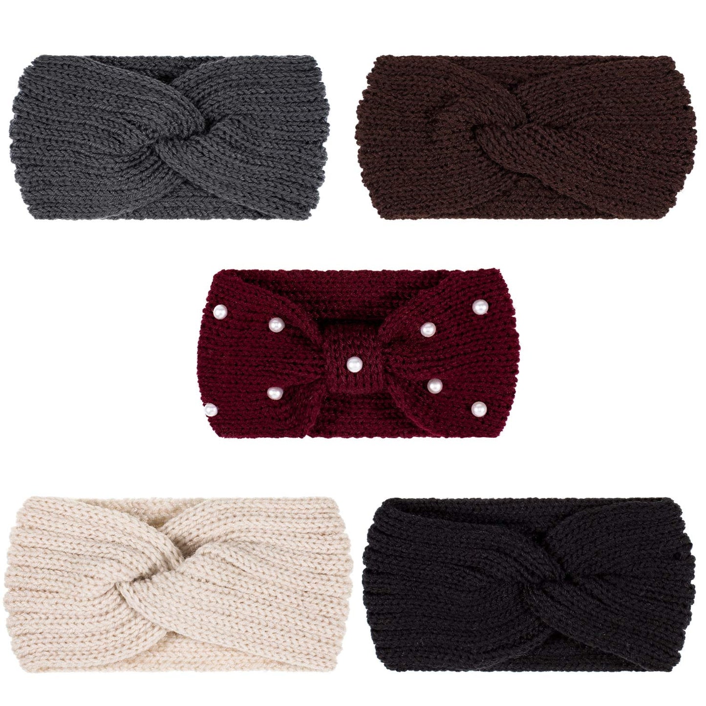 Whaline 5 Pieces Winter Knit Headbands Chunky Knit Headbands,4 Elastic Turban Head Wraps and 1 Pearl Crochet Hair Band, Ear Warmer Crochet Head Wraps