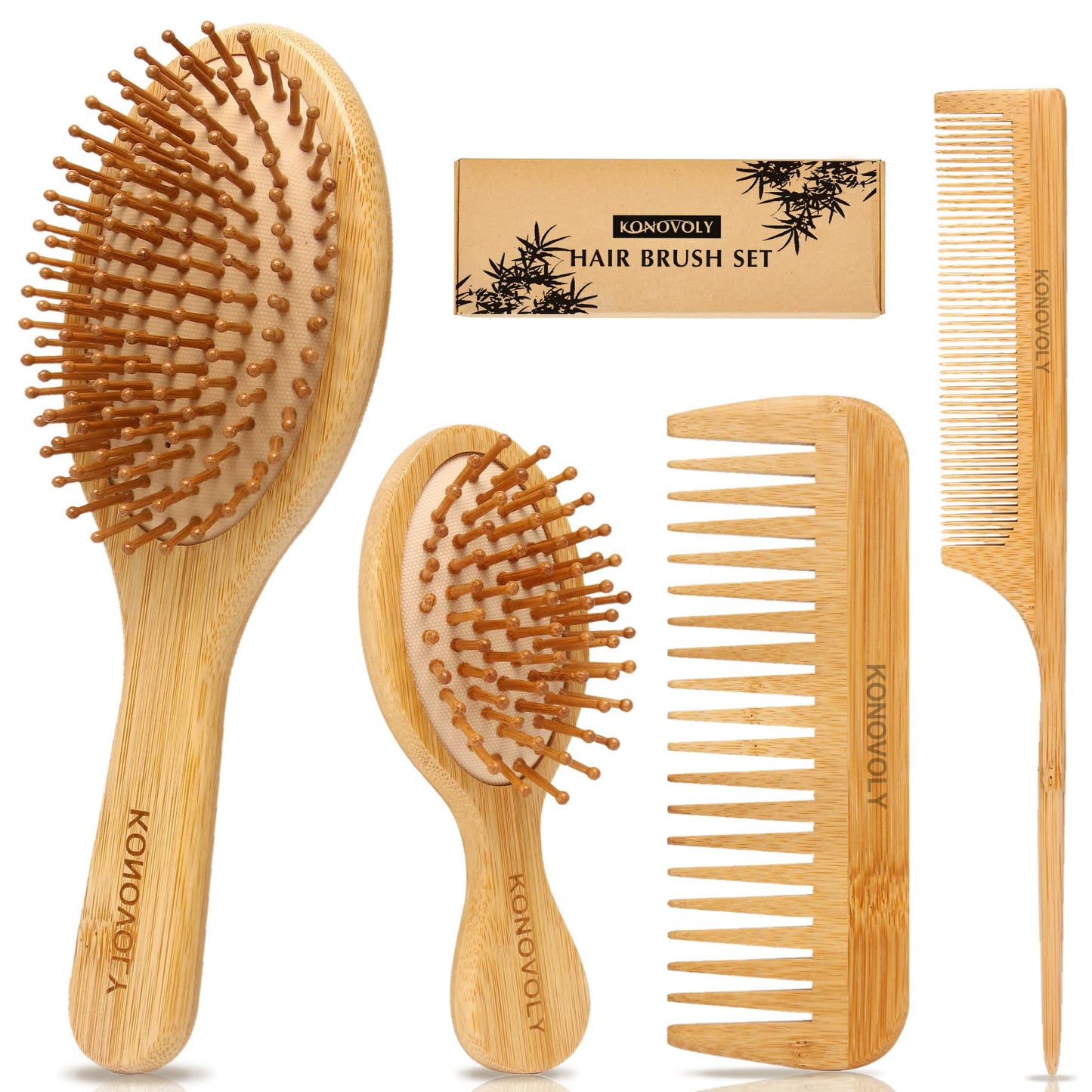 4 Piece Bamboo Hair Brush and Comb Set with Paddle Detangling Hairbrush Natural Wide-tooth and tail comb No Bristle, suit for Women Men Kids