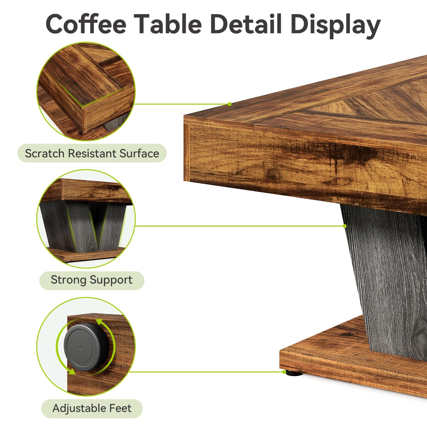 LITTLE TREE Square Coffee Table, Modern Rustic Coffee Table for Living Room, Wooden Table with Adjustable Feet, Brown