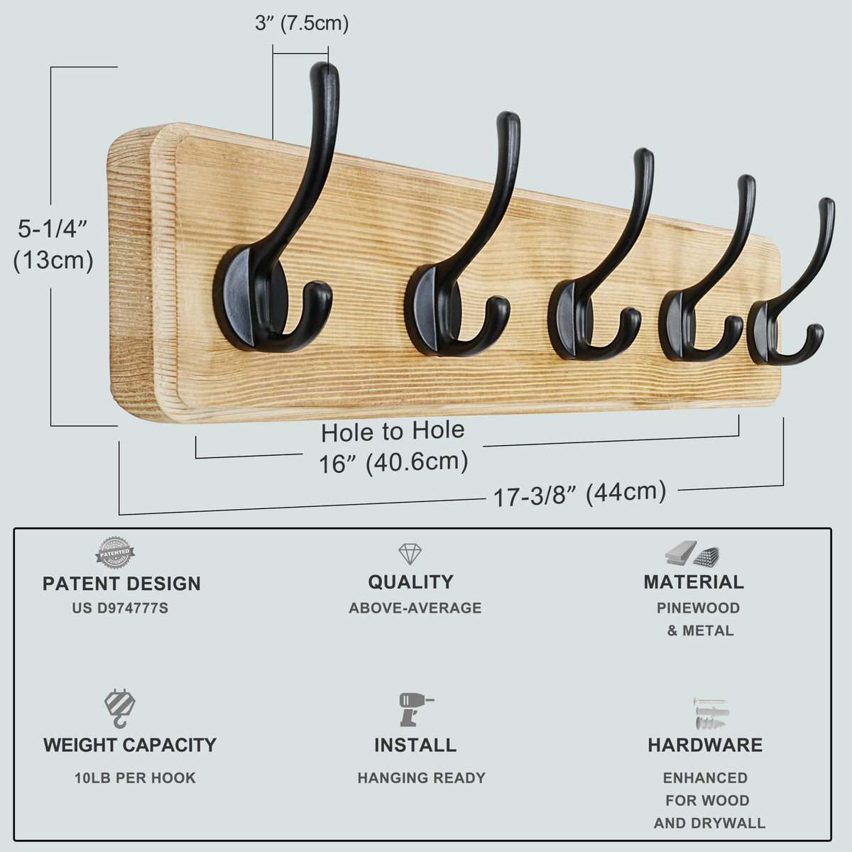 Dseap Coat Rack Wall: Patented, Heavy-Duty, 5-Double-Hooks Wooden Wall Mounted Coat Rack Coat Hanger Hook Rail for Winter Coats Hat Jacket Clothing