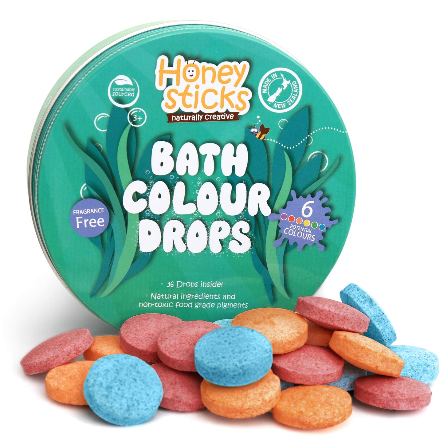 Honeysticks Bath Colour Tablets for Kids - Non Toxic Bathtub Drops Made with Natural Ingredients and Food Grade Colours - Fragrance Free - Fizzy,