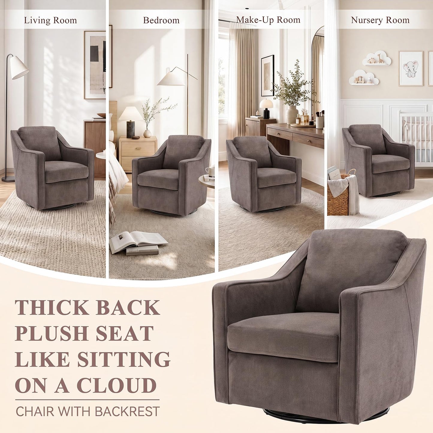 Swivel Armchair for Living Room, 360° Rotating Living Room Chair, Linen Fabric Accent Chair with Removable Seat Cushion & Pillow