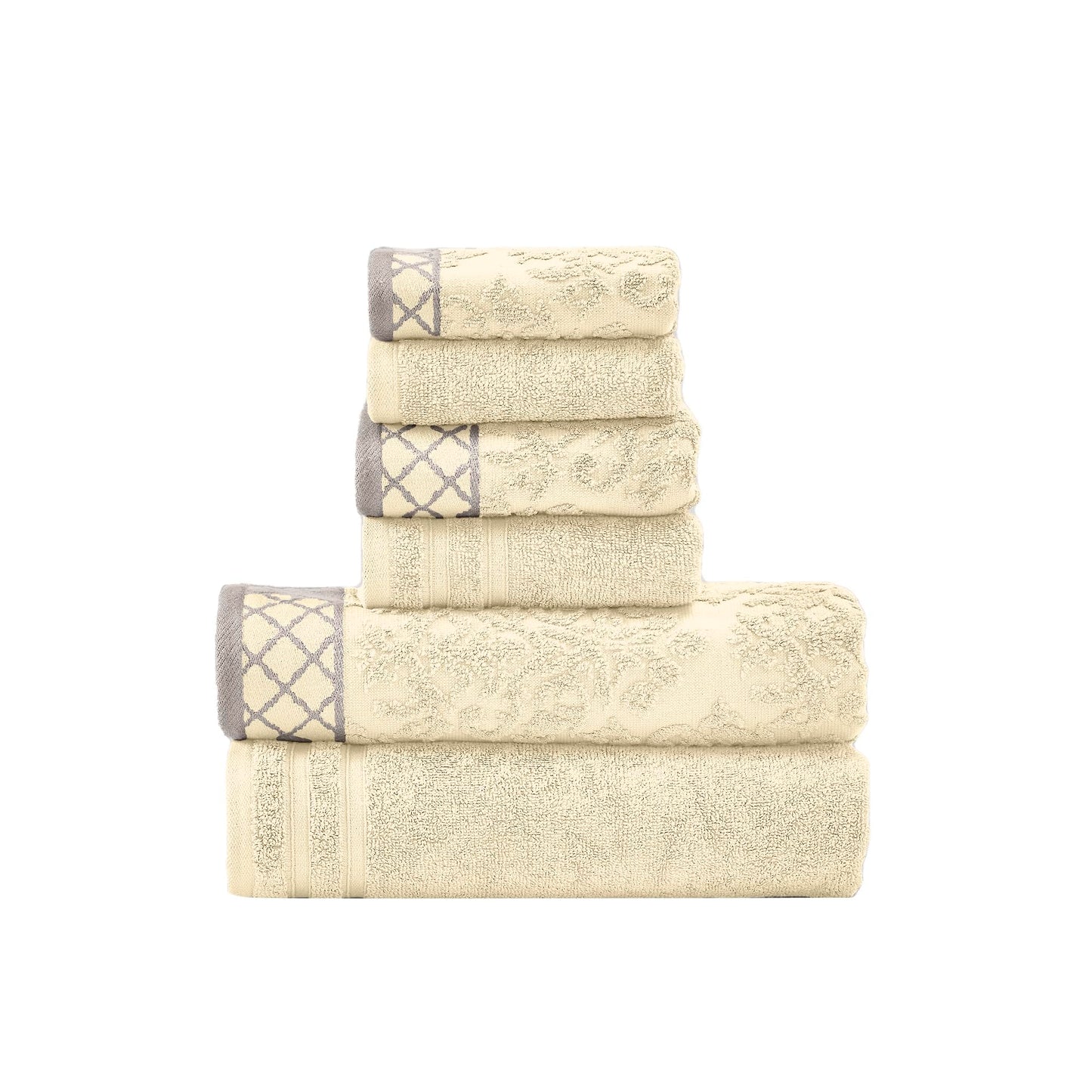 Pacific Coast Textiles Damask Jacquard Towels with Embellished Border Set, Cotton, Ivory, Single Size, 6-Piece