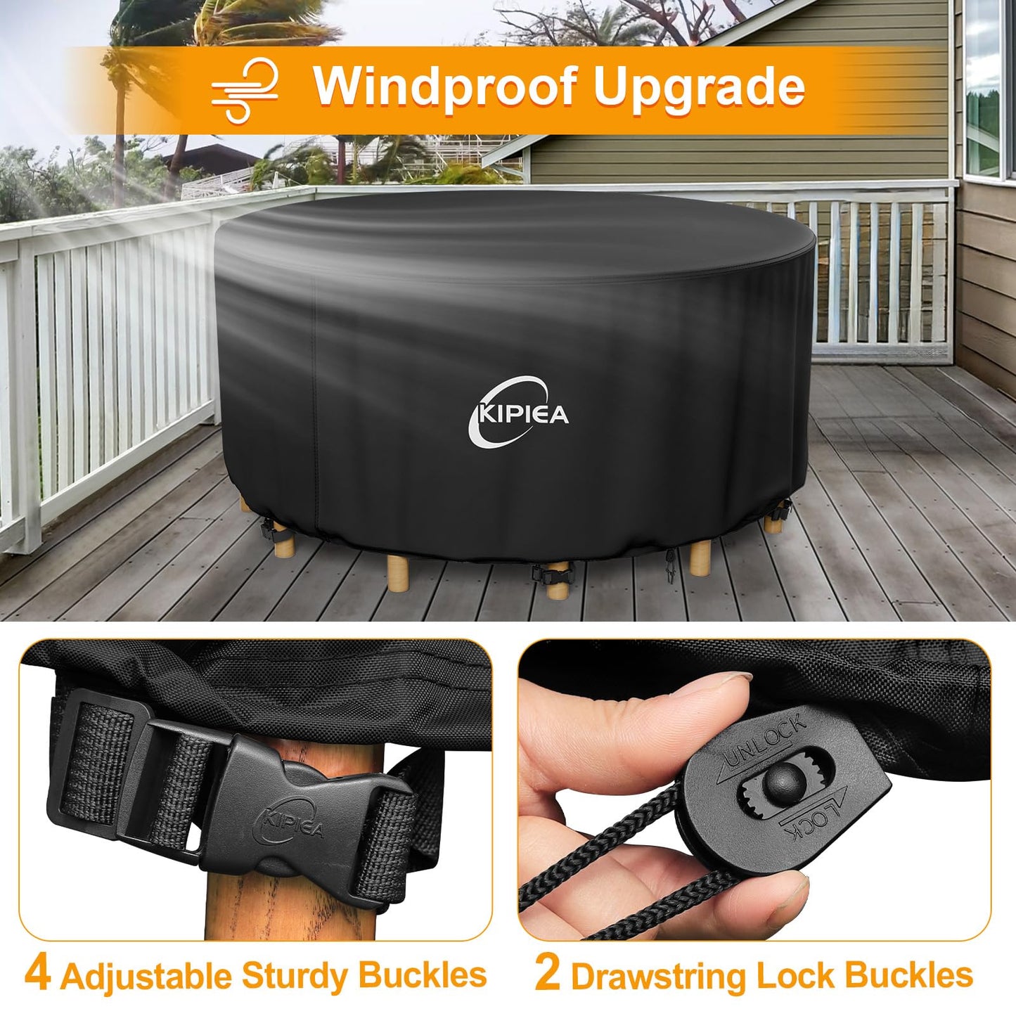 Kipiea Garden Furniture Covers Waterproof Round, Garden Table Covers with 4 Windproof Buckles, Heavy Duty 420D Oxford Fabric Outdoor Table Cover