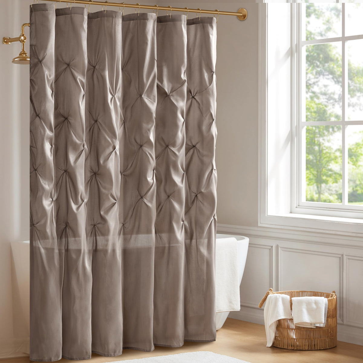 Madison Park Laurel Taupe Shower Curtain, Pieced Transitional Shower Curtains for Bathroom, 72 X 72, Beige
