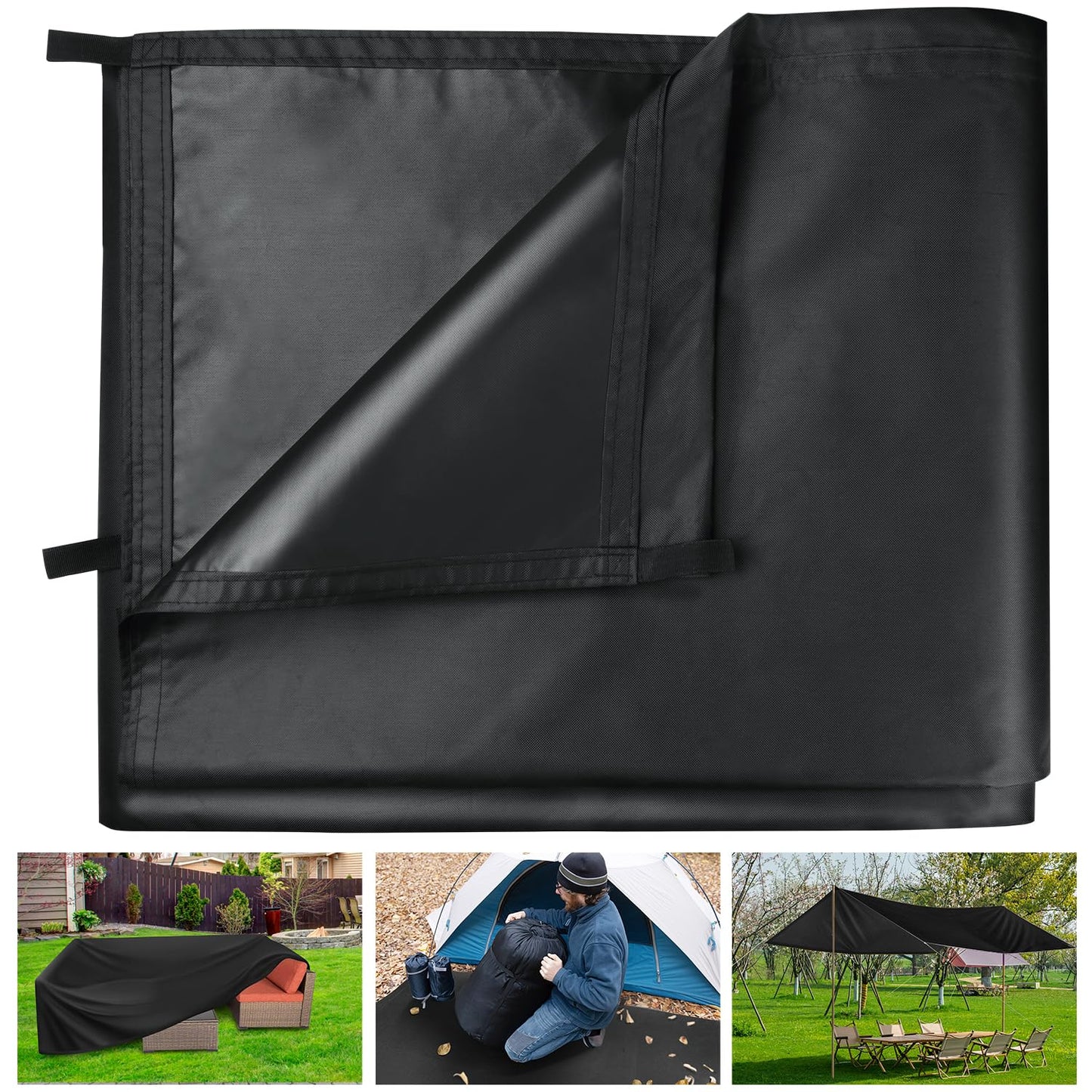 Honsaifau Waterproof Tarpaulin Outdoor Cover: Black 3m x 3m 420D Oxford Fabric Tarp Sheet with Reinforced Loops - Tear-Resistant UV Protection for