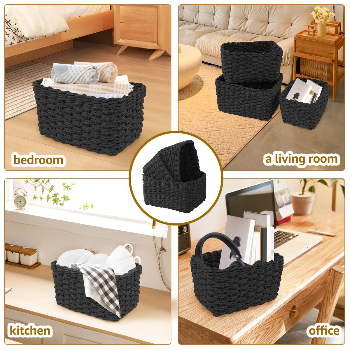 Set of 3 Wicker Storage Baskets for Organizing, Grass Woven Decorative Basket, Multifunctional Hamper for Toys, Cosmetics, Clothes