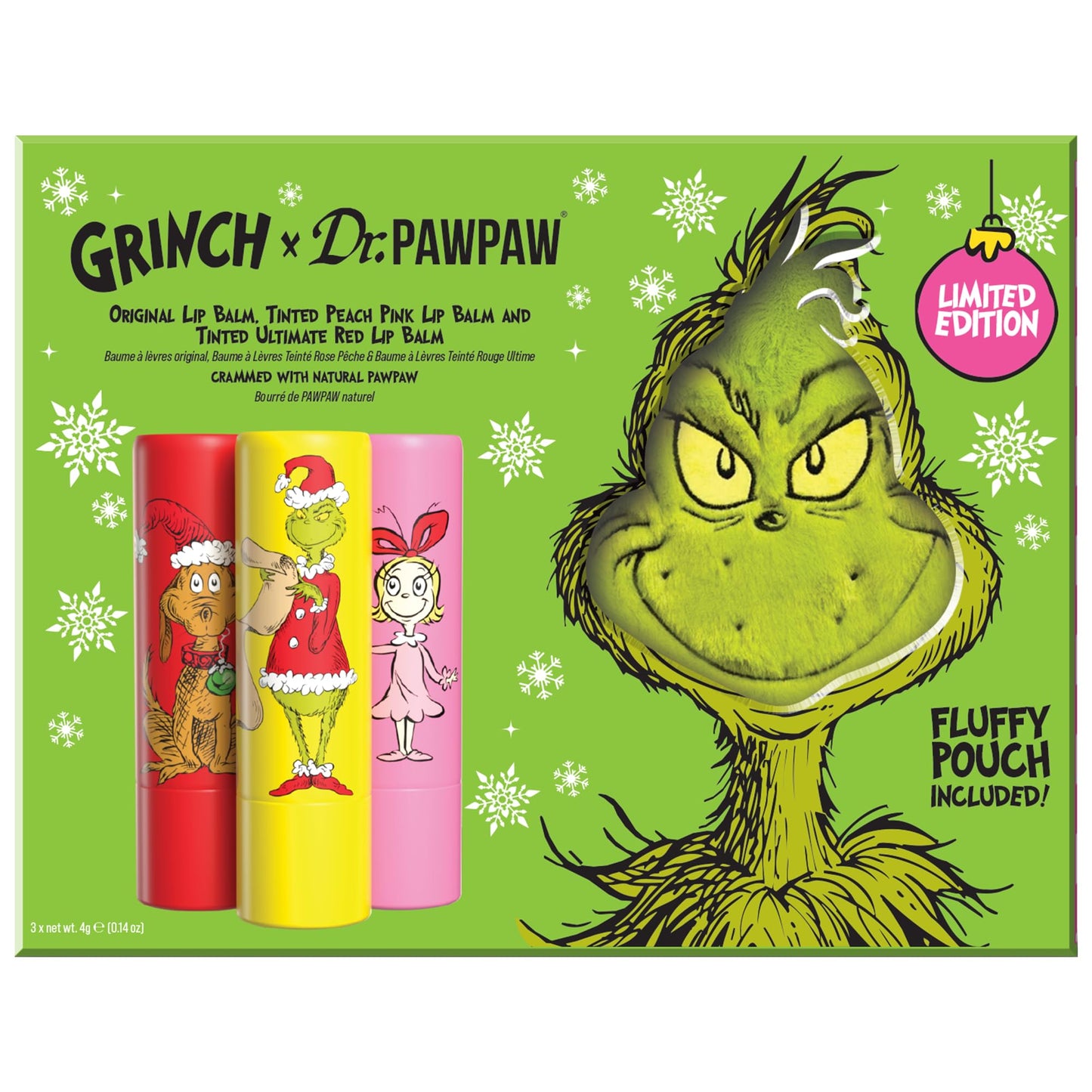 Dr.PAWPAW x The Grinch Original, Peach Pink & Ultimate Red Gift Set 3 x 4g + Pouch, Hydrating & Tinted Lip Balm Trio, Nourishing PAWPAW-Infused