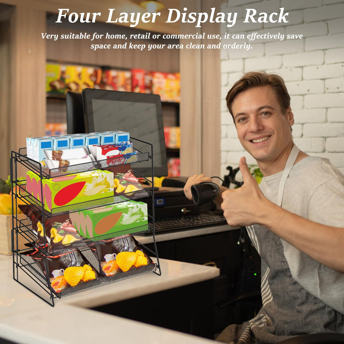 Eyoulife Candy Display Rack, 4 Tier Candy Organiser, Carbon Steel Snack Organiser for Countertop, Snack Display Rack for Stores, Office, 40x22x41cm