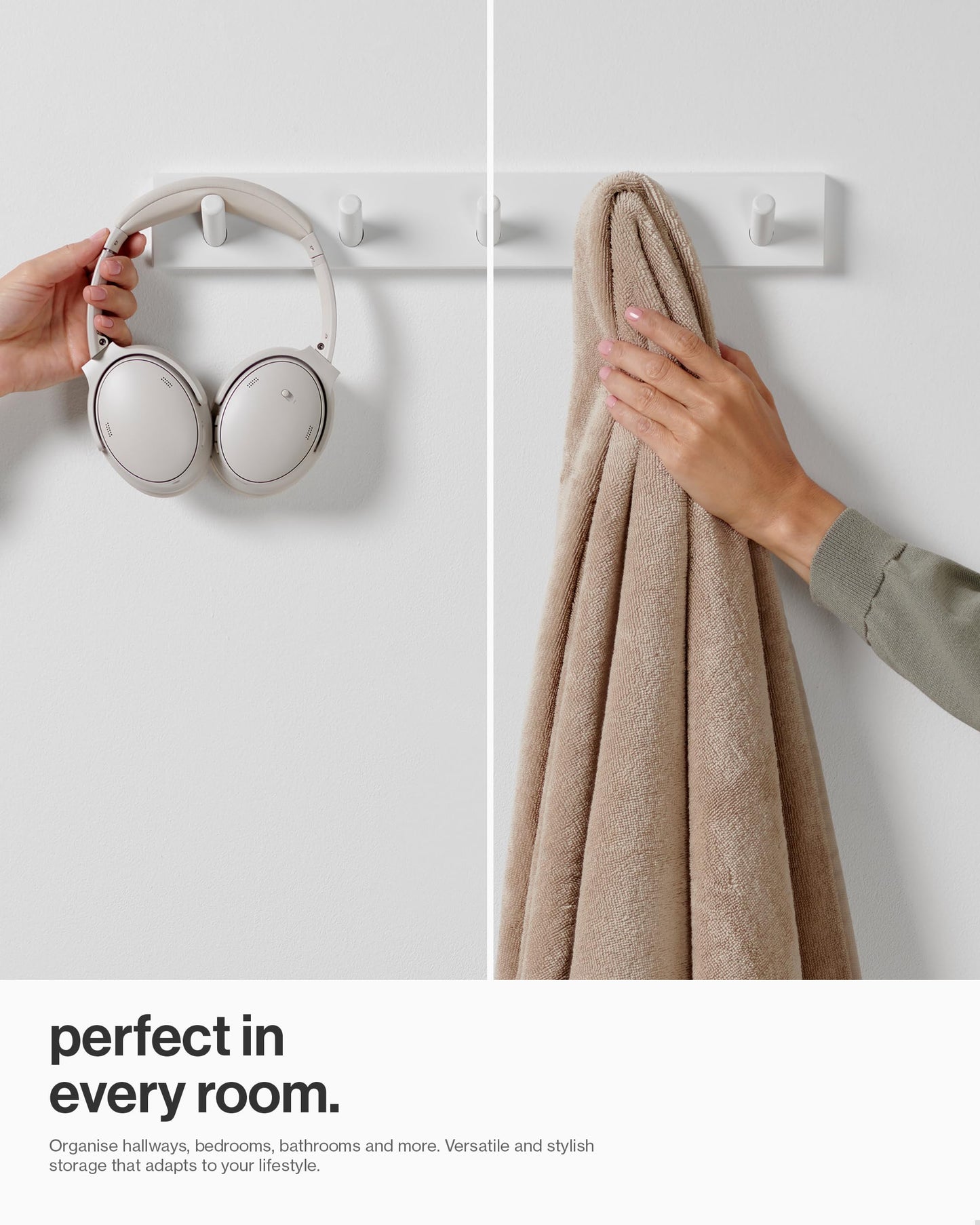 LARHN White Wall-Mounted Coat Rack - 5 Coat Hooks, 43cm