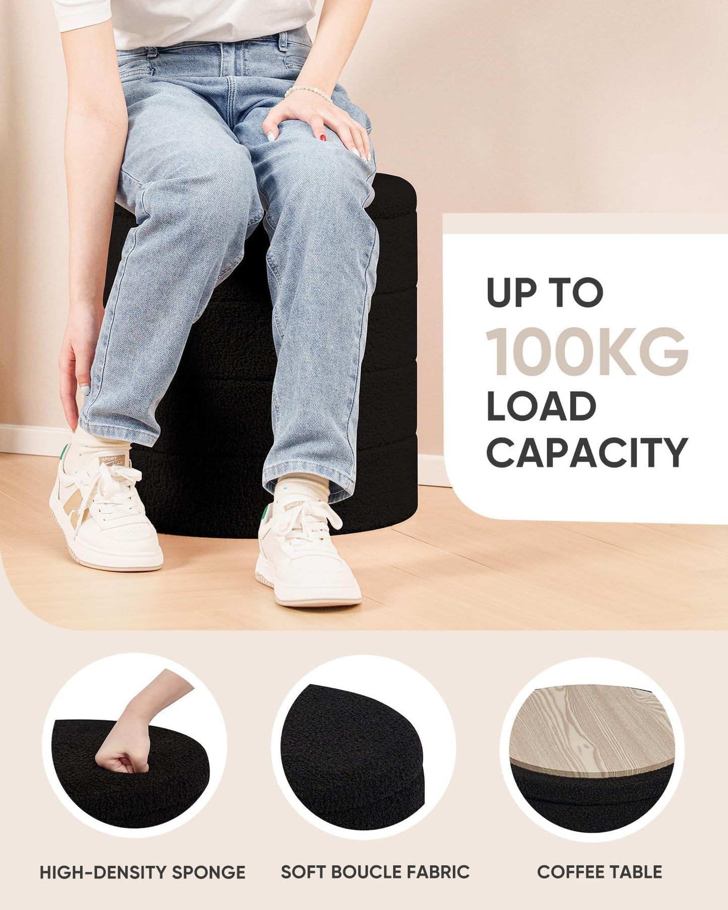 Bonlife Boucle Ottoman Storage, Foot Rest Stool Seat, Folding Footstool for Living Room, Sherpa Ottoman for Bedroom, Black, 43x43x45 cm