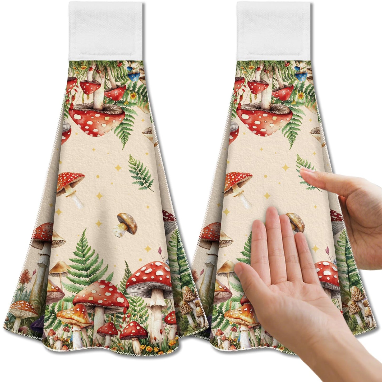 CUTHOLLOW Mushroom and Butterfly with Fern Hanging Kitchen Towels with Loop, Set of 2-Soft & Super Absorbent Microfiber Decorative Hanging Hand Towel,