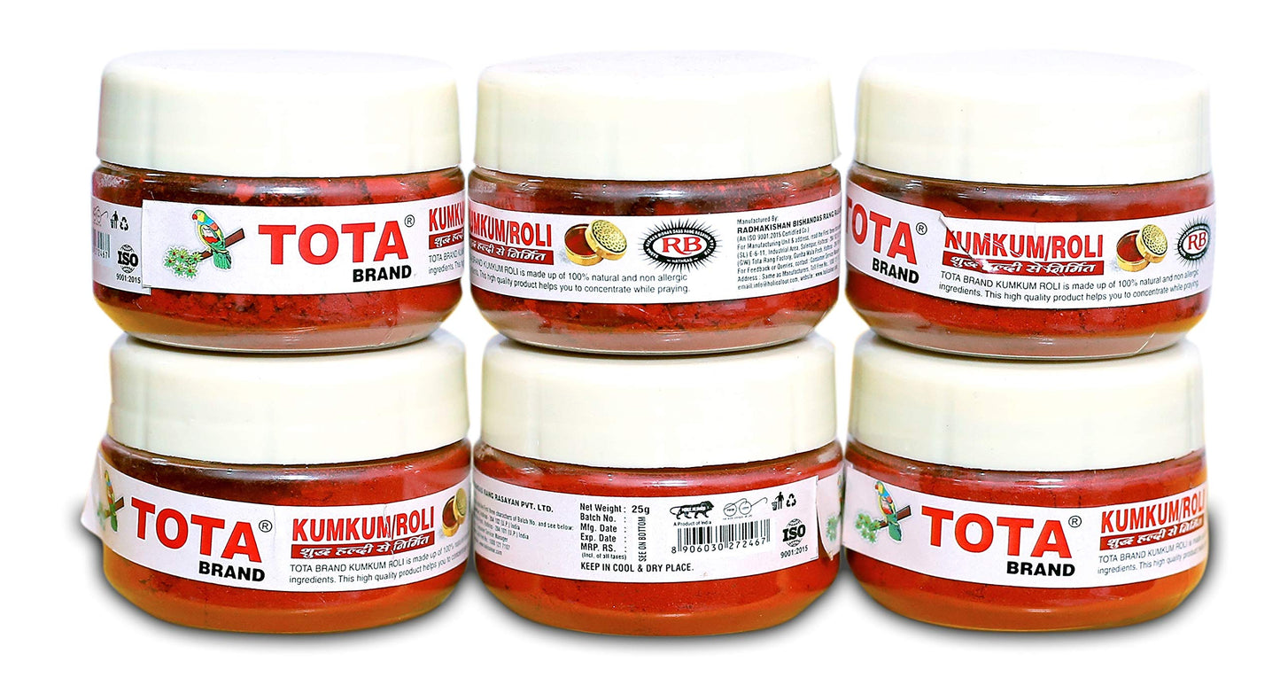 TOTA Kumkum Powder Roli for Puja and Tilak (150 gm). Made from 100% Pure Turmeric Pack of 6 (25gm ? 6). Colour ? Red