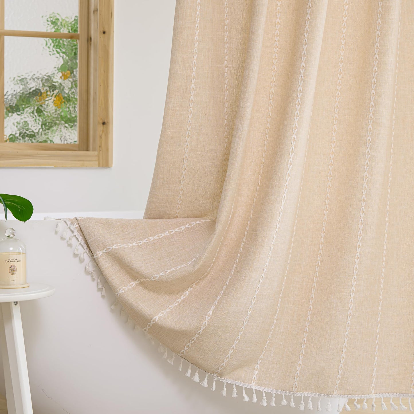 Plenmor Shower Curtain for Bathroom Heavy Weight Fabric Cotton Shower Curtain with Hooks Waterproof Stripe Bathtub Boho Curtain (Beige, W 70.9" x L