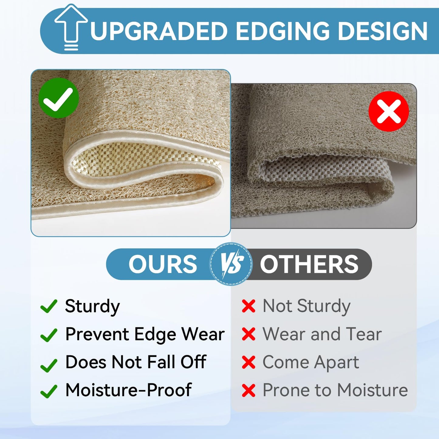 Muecleao Loofah Shower Mat, Non Slip Anti Mould Bath Mats with Reinforced Edge for Inside Shower, Washable Antibacterial Soft PVC Bath Mat with Drain