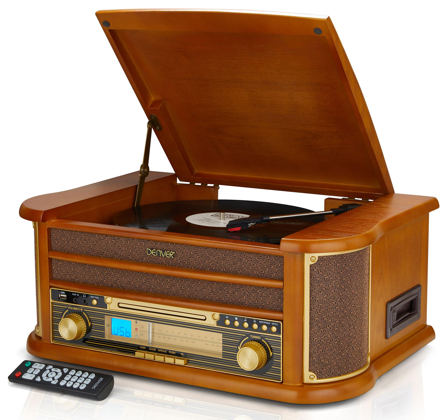 Denver 8-in-1 CD Bluetooth Cassette Player Retro Wooden Record Player HiFi System ? 3 Speed Vinyl Turntable & Cassette With CD Player, FM/AM Radio,