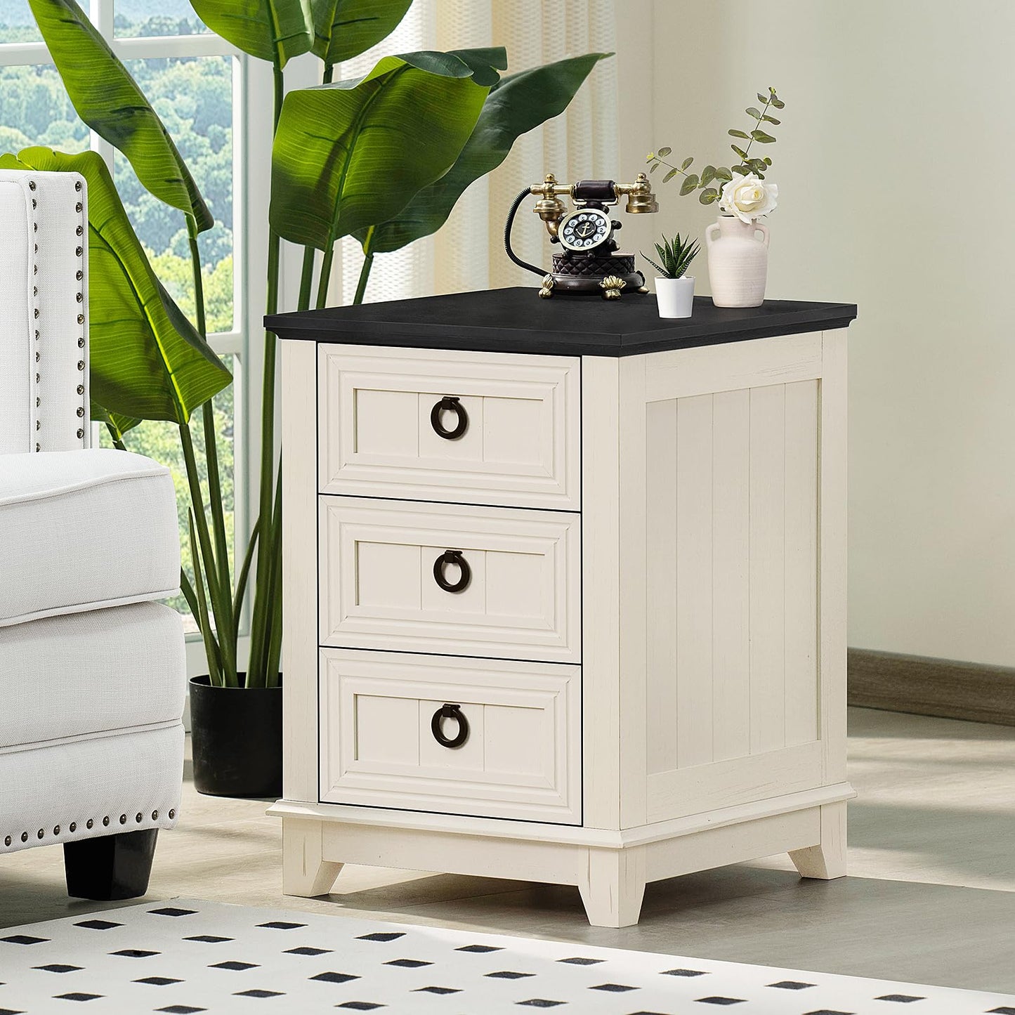 LELELINKY 46 cm Country Style Bedside Table with 3 Drawers, Side Table Chest of Drawers for Bedroom, white Bedside Table, Wooden Bed Side Table with