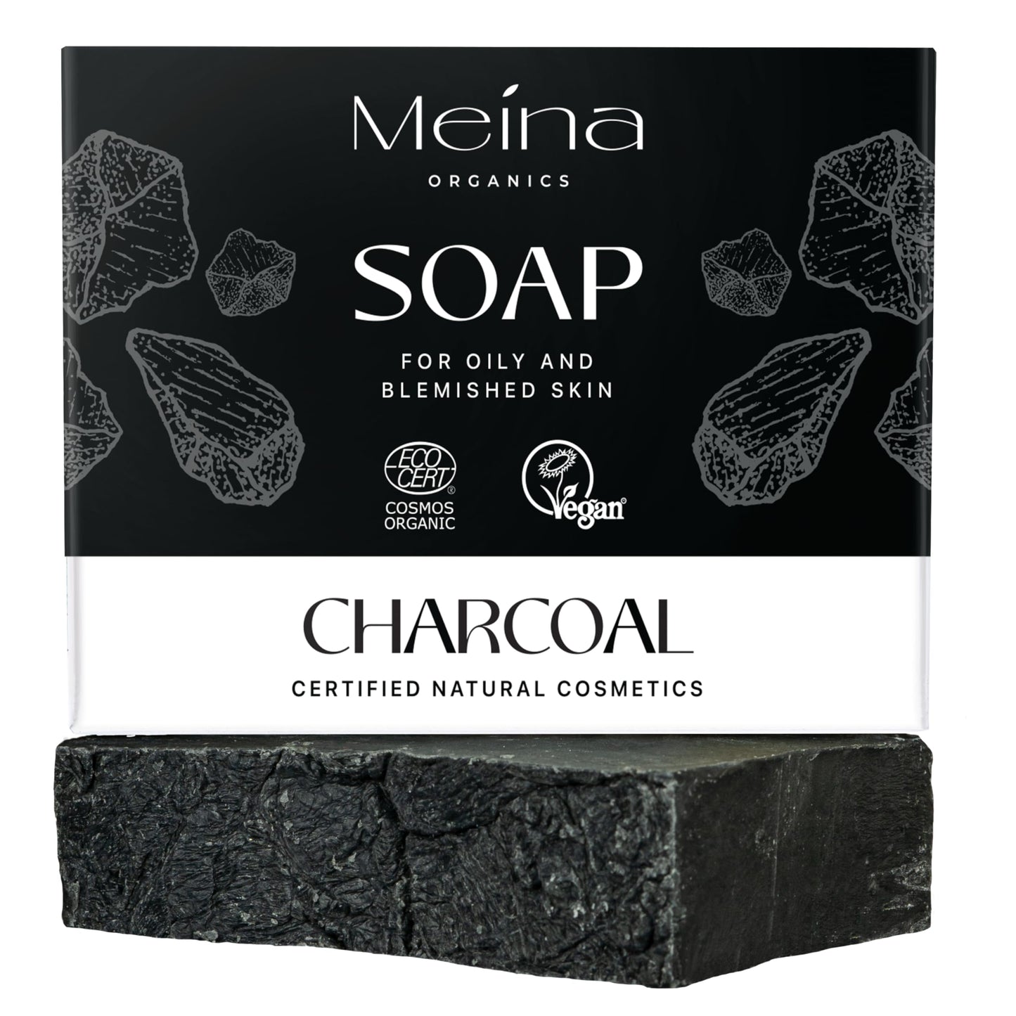 Meina Black Charcoal Soap Bar for Blemish Prone Skin, 100% Natural, Organic Certified, Face and Body, Vegan, Without Palm Oil, Plastic Free, Perfect