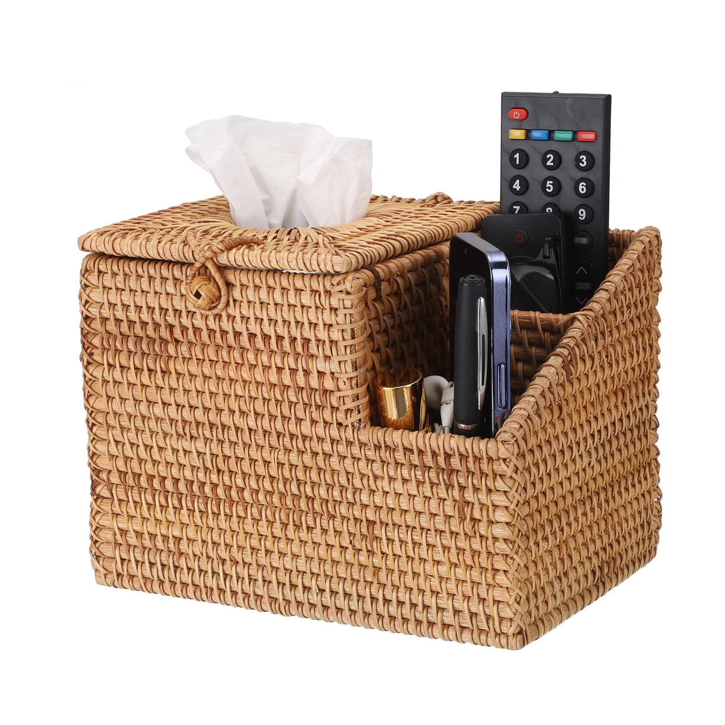 IGNPION Woven Square Tissue Holder Rattan Facial Tissue Box Cover Decorative Household Cube Tissue Organizer Box with 2 Compartments Remote Control