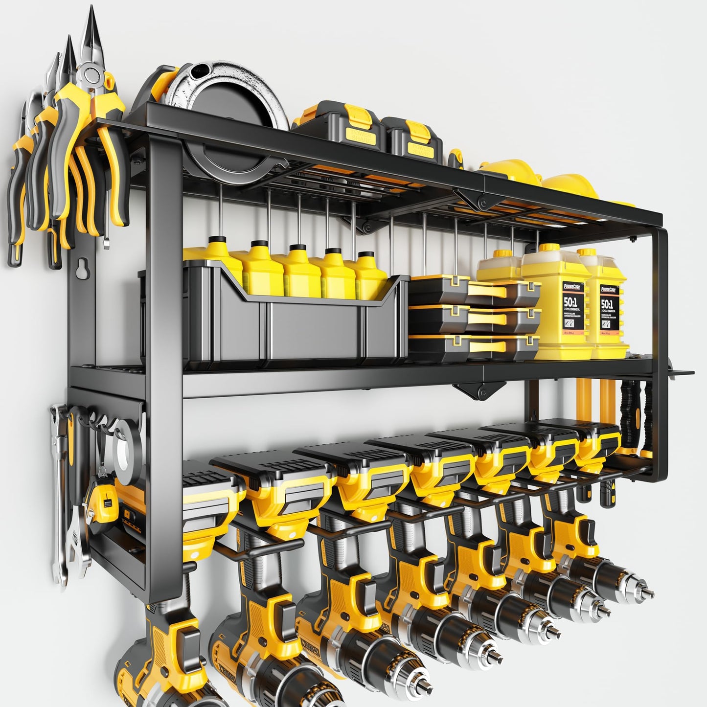 Power Tool Organizer Wall Mount - 150Lbs Load 3 Layers Storage Rack with 7 Drill Holders for Drills Cordless Tools. Heavy Duty Iron Garage Tool