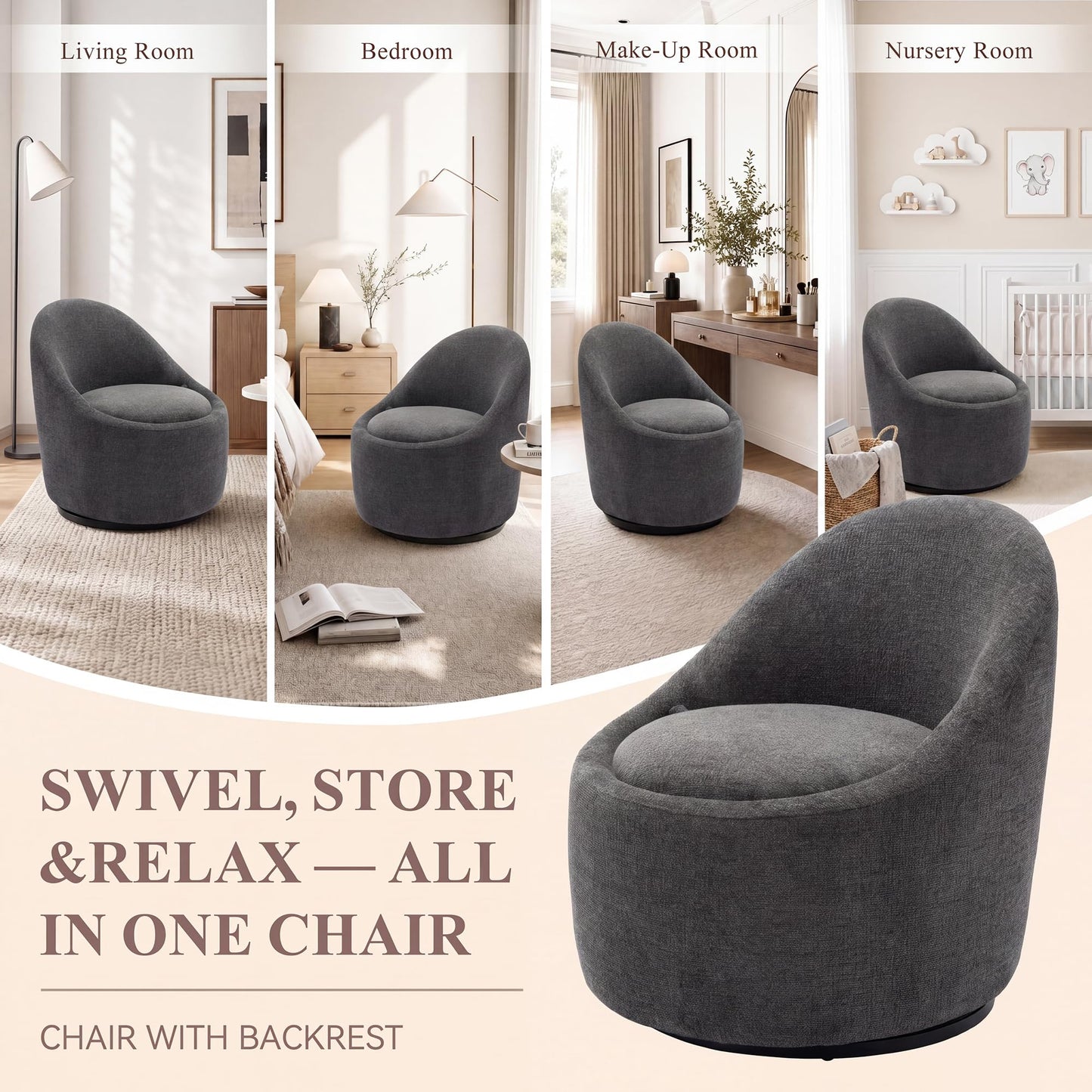 Barrel Swivel Accent Chair with Hidden Storage, 360° Rotating Lounge Chair, Upholstered Breathable Fabric, High Density Foam Seat