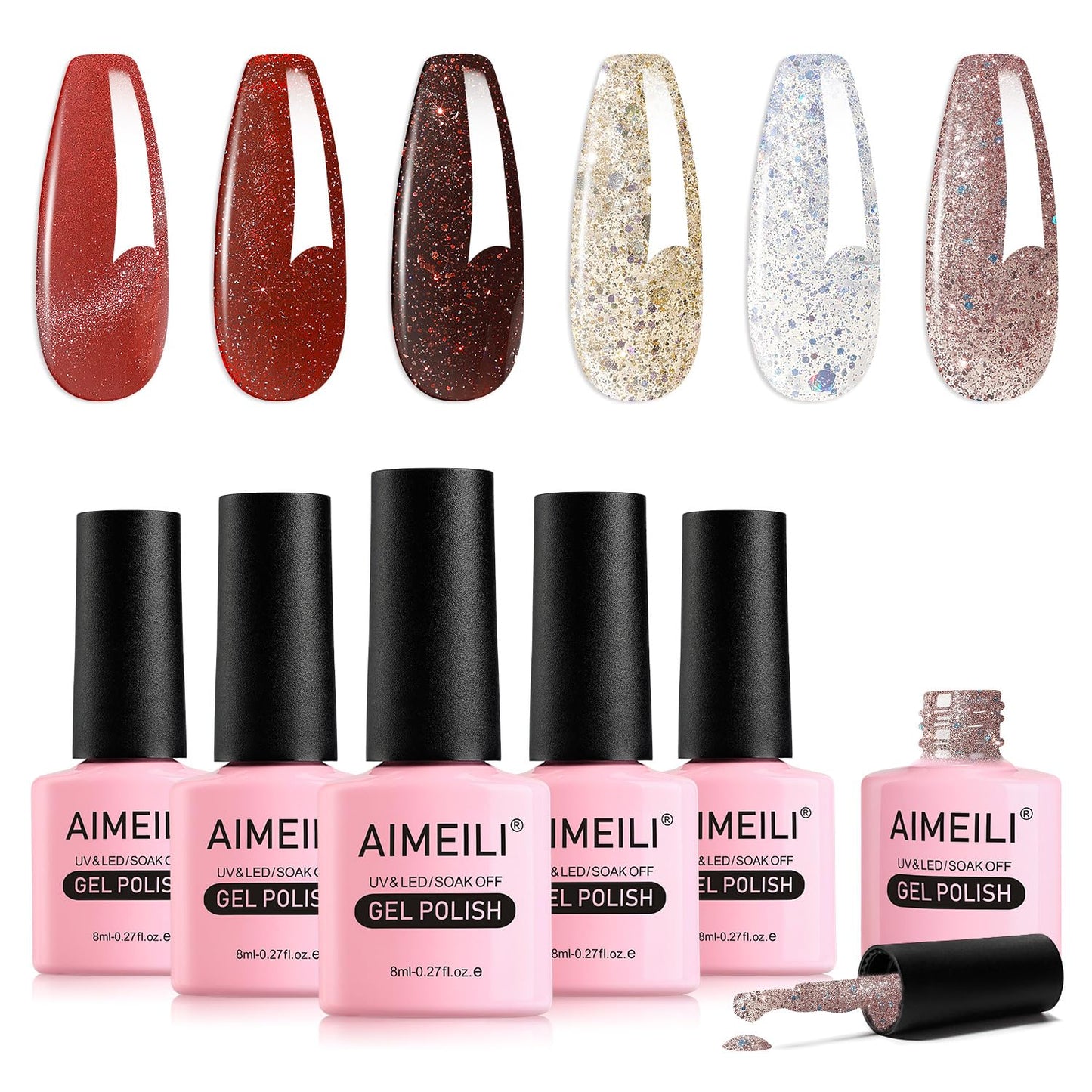 AIMEILI Gel Nail Polish Set, 6pcs Valentine's Day Glitter Red Gel Polish Kit Soak-Off UV/LED for Nail Art Salon DIY Home, Easy to Apply 8ml - Gift Kit