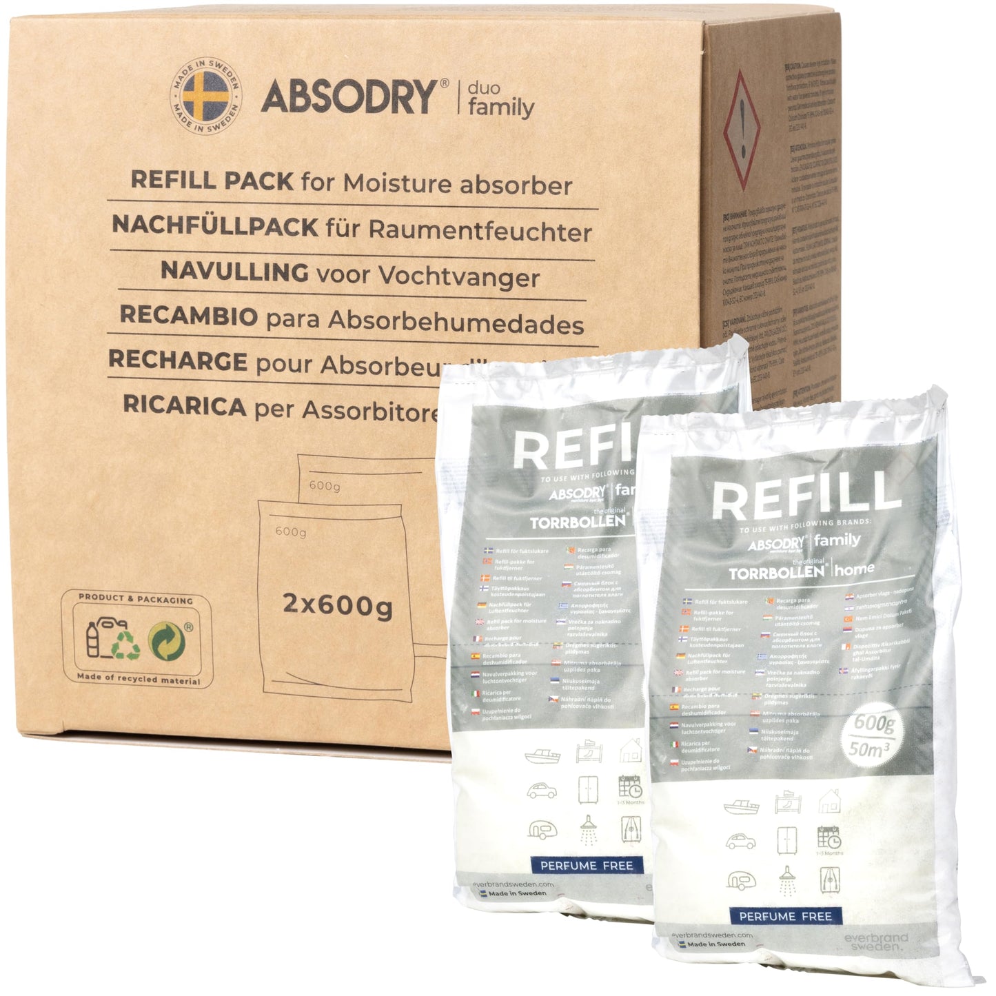 ABSODRY duo family Moisture Absorber Refill Bags 2 x 60 m3 for Hanger and Bag Small Dehumidifier for Bedroom Bathroom RV Closet Air Cleaner Odor