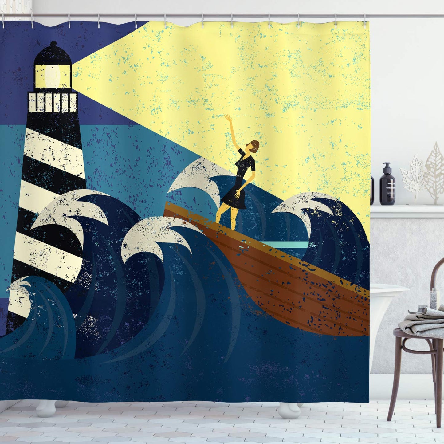 ABAKUHAUS Lighthouse Shower Curtain, Grunge Abstract Artwork of a Mysterious Woman in a Boat Sea Storm, Cloth Fabric Bathroom Decor Set with Hooks,
