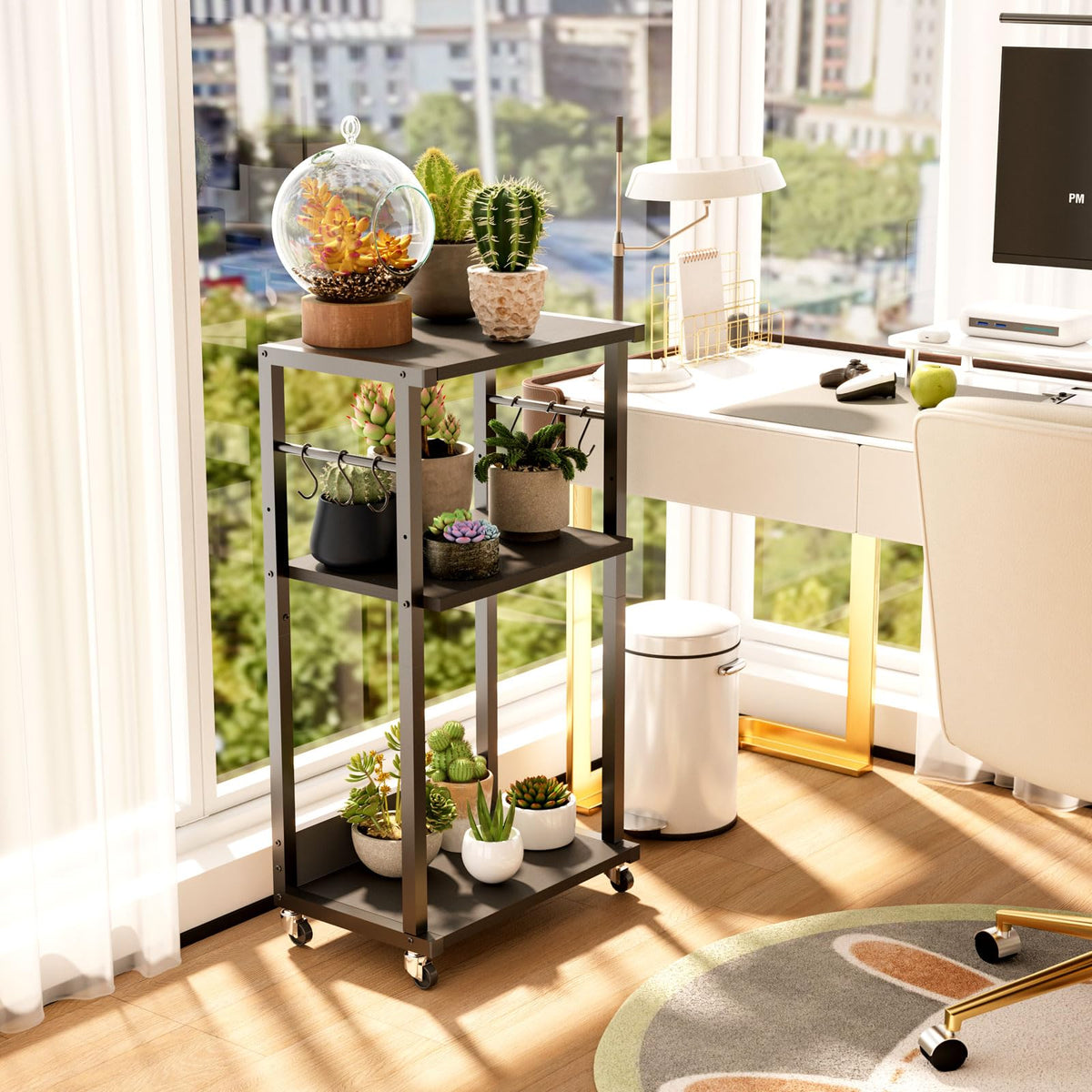 YMYNY Mobile Printer Stand, 3 Tier Under Desk Home Printer Cart on Wheels, Industrial Height Adjustable Wood Rolling Printer Table for Fax Machine,