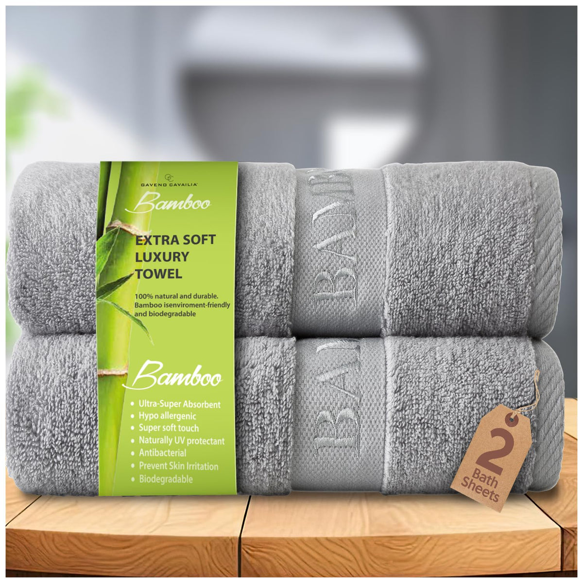 GC GAVENO CAVAILIA Bamboo Bath Sheet Extra Large 80x140cm - 500 GSM Super Water Absorbent Towels Large Bamboo Towels 2 Pack 60% Bamboo, 40% Cotton
