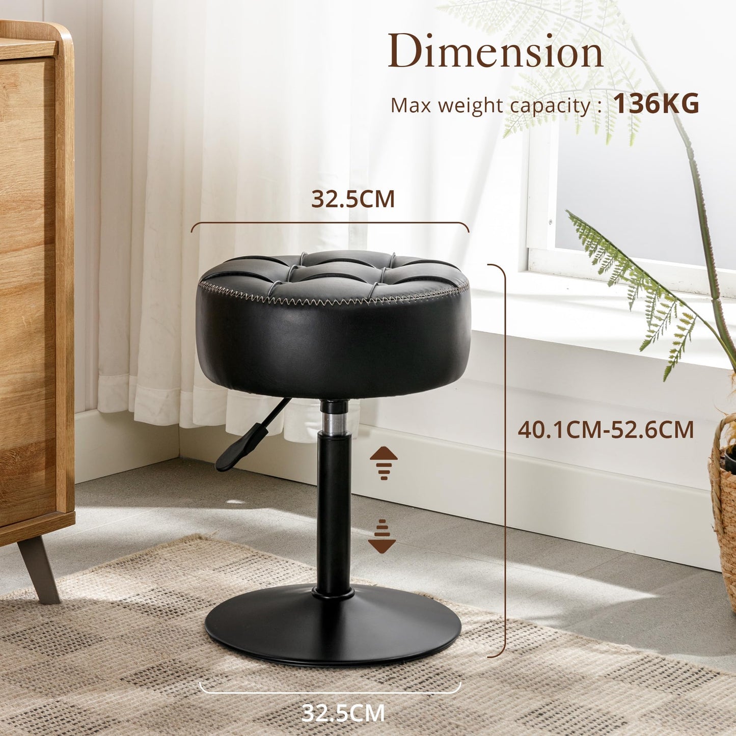 LUE BONA Modern Black Faux Leather 360° Swivel Vanity Stool, Height Adjustable Dressing Table Stool, Tufted Design, 40 to 52 cm, 136 kg Max Weight