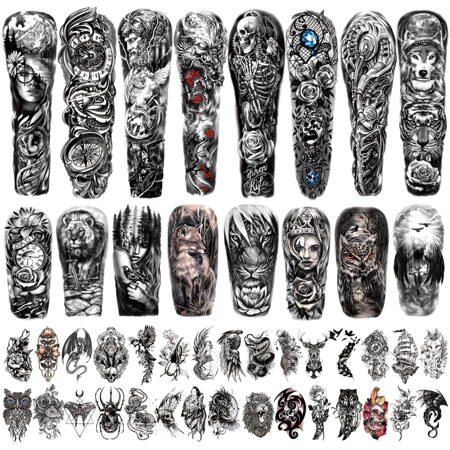 46 Full Arm Waterproof Temporary Tattoos For Men(L22.8?xW7?), Tiger Clock Flower Skeleton Animals Fake Tattoos for Adult Men and Women, Hand Forearm