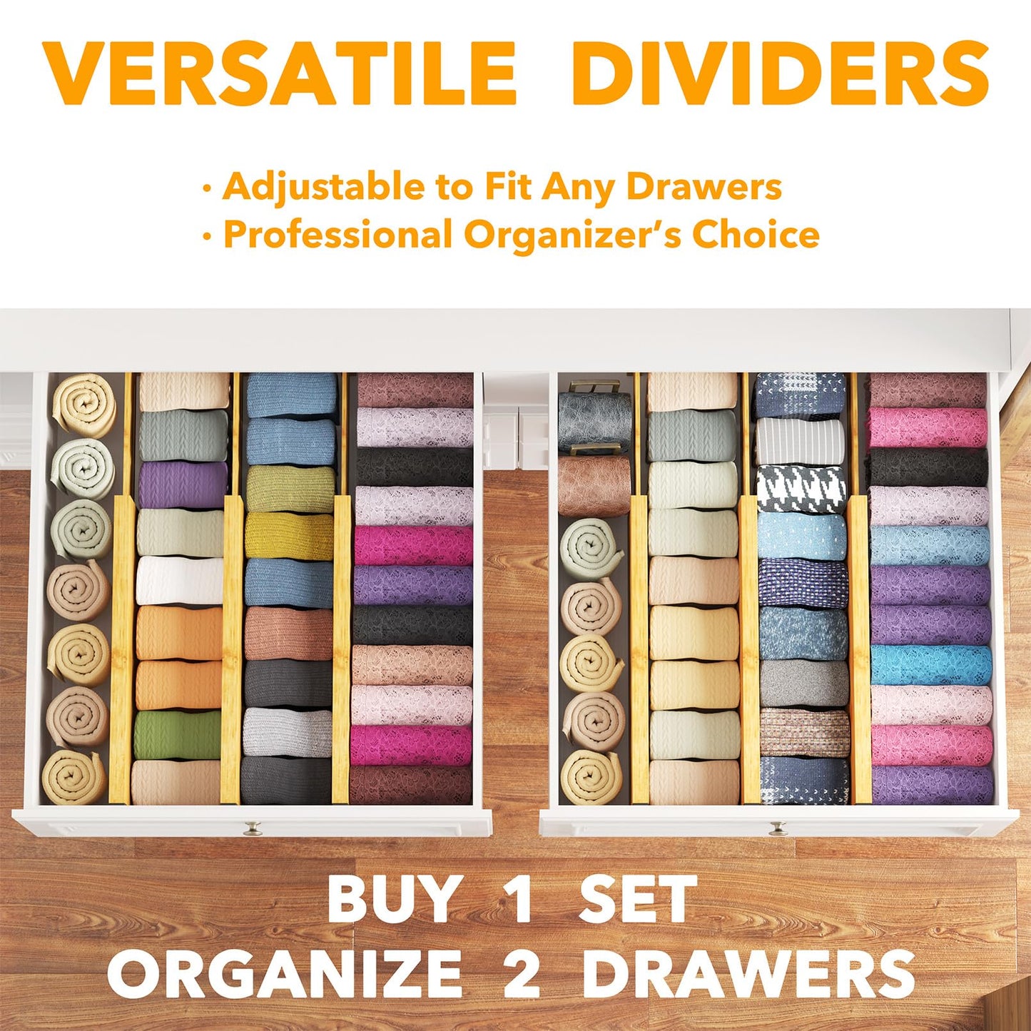 SpaceAid WIAONE Bamboo Dresser Drawer Dividers 6 Pack, 4.65“ High Adjustable 12.5“-17” Drawer Organizers, Expandable Organization for Clothing