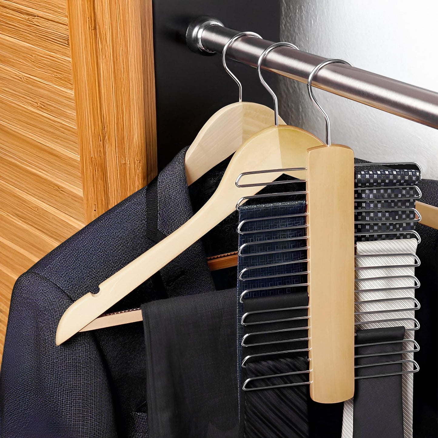 Tie Hanger Wooden Hangers Wardrobe Tie Organiser - Stylish Hanging Storage Rack With 20 Chrome Bars With Swivel Hook for Tie, Belt