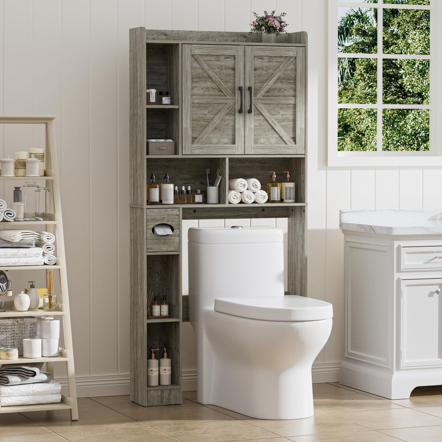 BonVache Over Toilet Storage Unit, Bathroom Storage Cabinet with Barn Doors, Freestanding Laundry Organizer Space Saving with Adjustable Open Shelves,