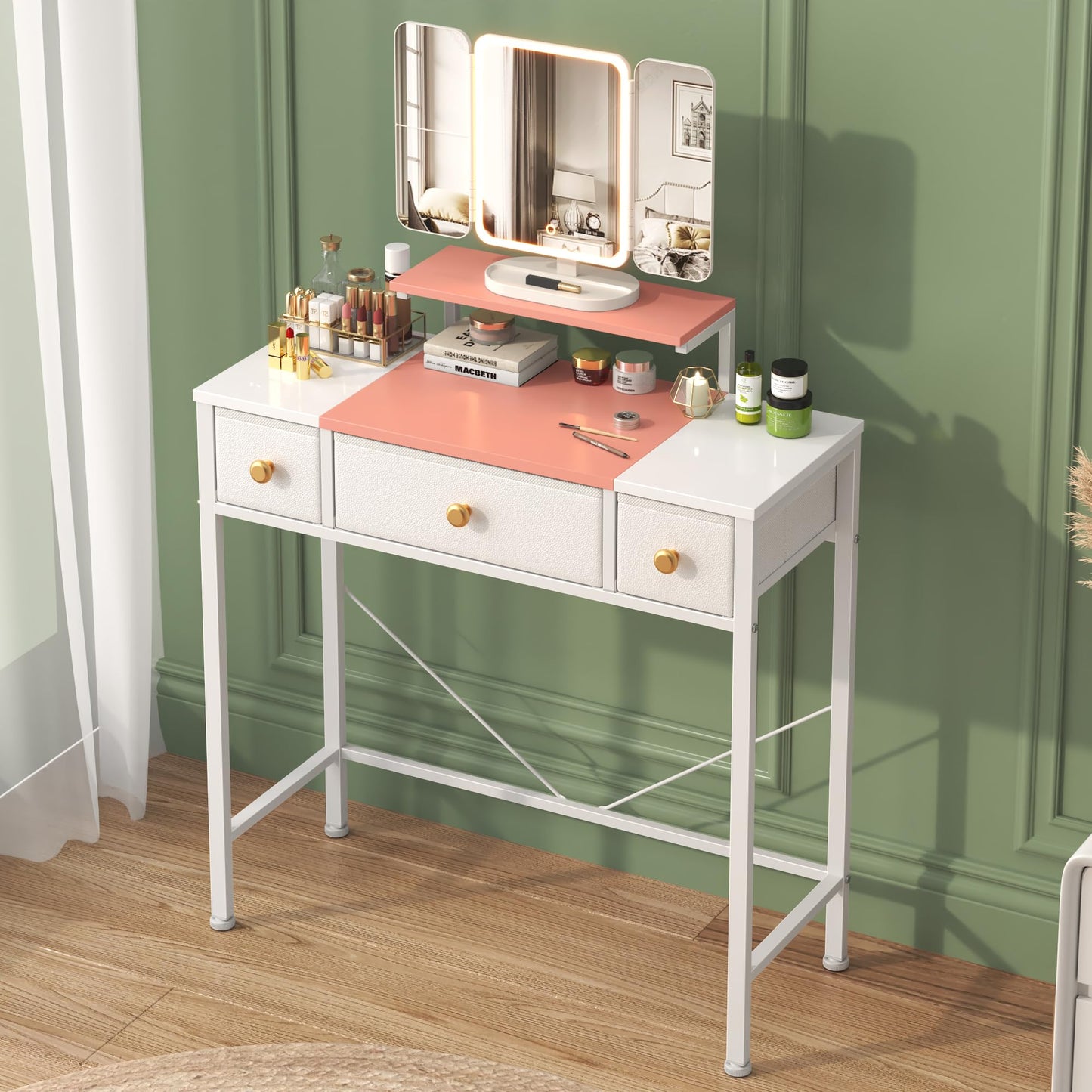 OYRREU Small Dressing Table with Mirror, Vanity Desk with 3 Fabric Drawers&Height Adjustment, Makeup Desk Vanity for Kids, Bedroom Nursery,