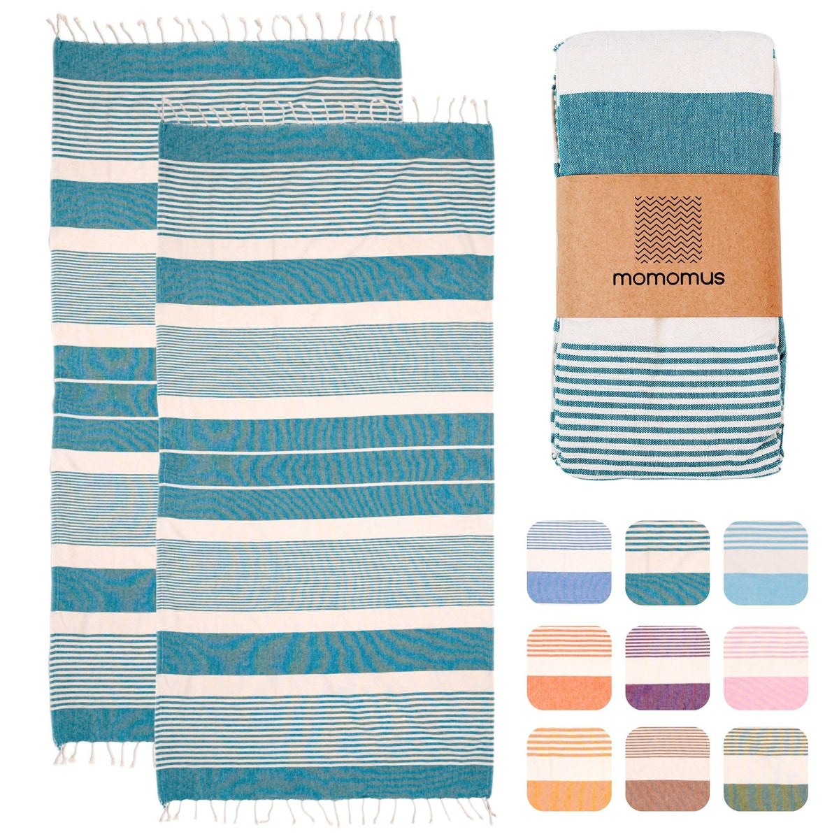 MOMOMUS 2 Pack XL Fouta or Cotton Beach Towels for Adults - Compact, Ultra-Soft, Absorbent - Extra Large Beach Towels for Adults - Green 90x180cm