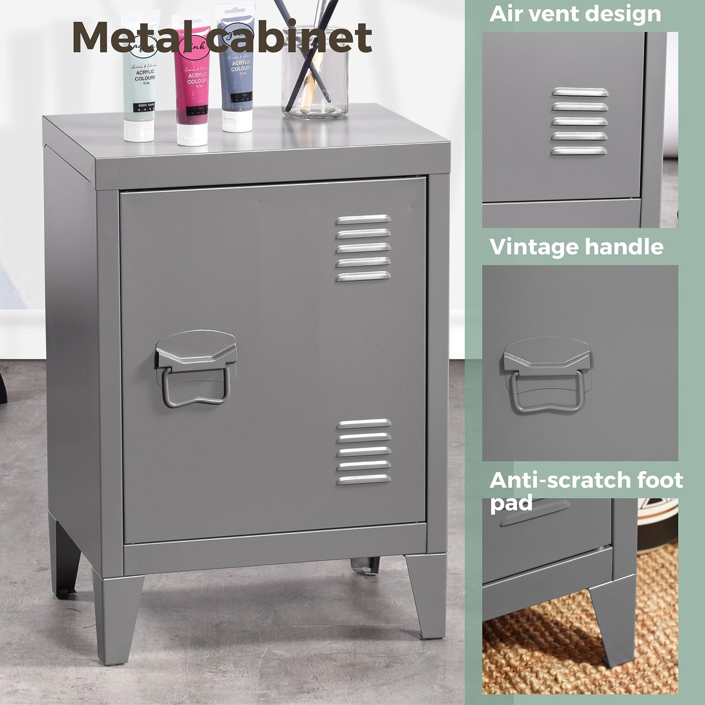 FurnitureR, Storage Unit, Small Filing Cabinet, Metal Cupboard with Flush Doors, 2 Compartments, Garage, Office, Grey, 30.5 x 40.5 x 57.5cm