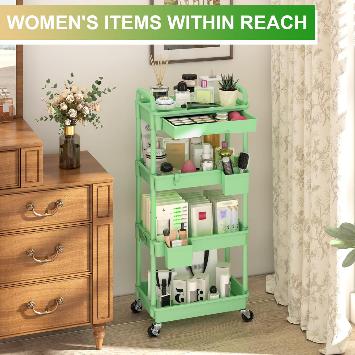 Yeabett 4 Tier Craft Trolley, Storage Trolley On Wheels Utility Cart With Drawer For Kitchen, Bathroom, Office, Living Room, Green