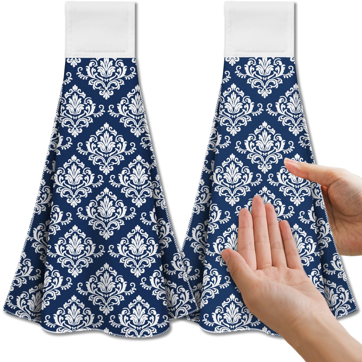 CUTHOLLOW Blue Retro Damask Tea Towels for Kitchen with Loop, Set of 2 - Soft & Super Absorbent Microfiber Decorative Hanging Dish & Hand Towel, Tea,