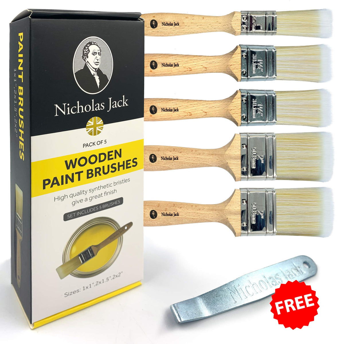Nicholas Jack Professional Paint Brushes Decorating Set 5 Pure Synthetic Paint Brush Set for Interior & Exterior Decorating