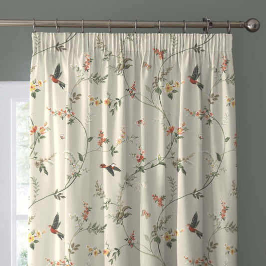 Dreams & Drapes - Natural Floral & Bird Curtains W90 x L90 (229 x 229cm) - 2x Pencil Pleat Curtains - 2x Tie Backs - 100% Cotton - Botanical Curtains
