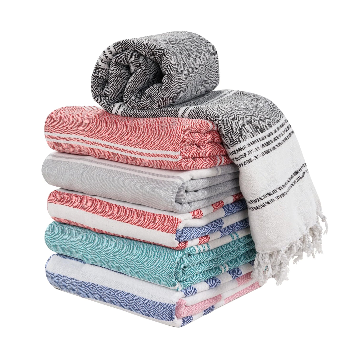 LANE LINEN Pool Towels, Turkish Beach Towels Oversized Set of 6, Cotton Rich Pre-Washed, No Shrink, Quick Dry Travel Towel, Stylish Beach Towel For