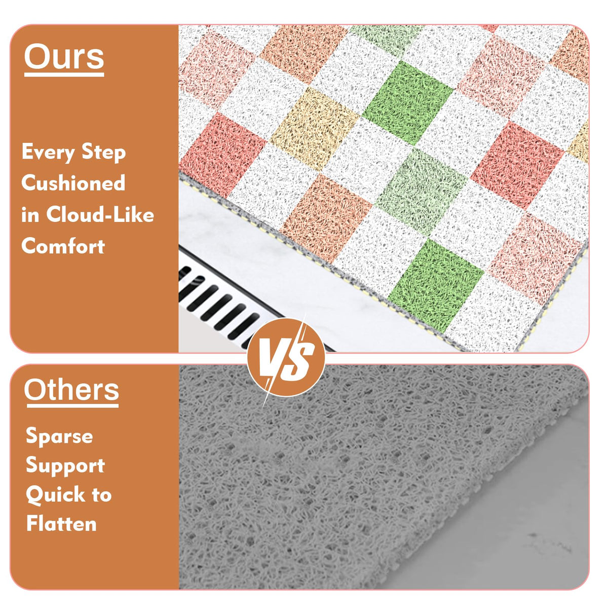 BLESWIN Shower Mat Non Slip 40x80CM, Checkered Shower Quick Dry Mats with Drain, Large Quick Dry PVC Bath Mat for Inside Shower